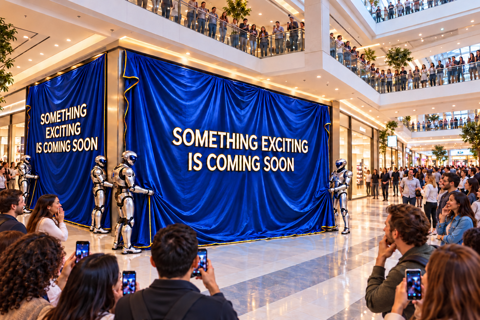 Something exciting is coming soon — blue and gold curtains cover both shop faces, with four silver robots and crowds on the mall balconies.